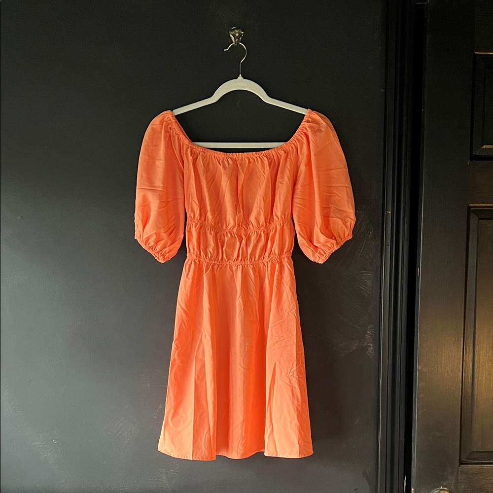 Chic Coral Puff Sleeve Mini Dress